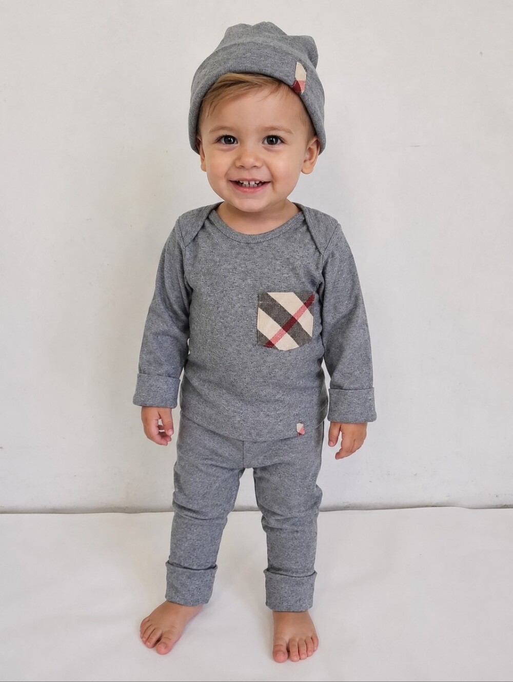 Burberry Grey Baby Outfit with Classic Check Accents 4 Piece